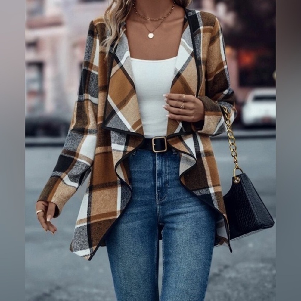 Plaid waterfall coat different size